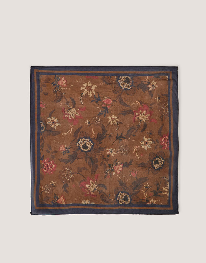 Princella Floral Square Silk Scarf, Brown (BROWN), large