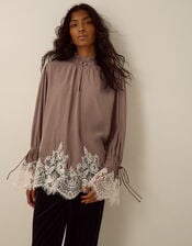 Selene Ruffle High Neck Lace Blouse, Mink (MINK), large