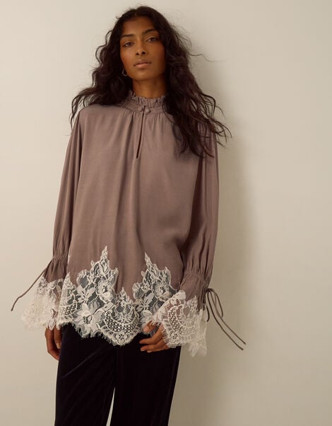 Selene Ruffle High Neck Lace Blouse, Mink (MINK), large