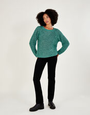 Melange Basket Stitch Sweater with Recycled Polyester , Green (GREEN), large