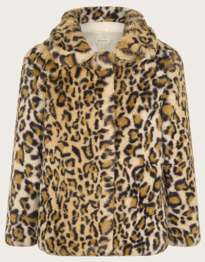 Leopard Print Faux Fur Coat, Brown (BROWN), large