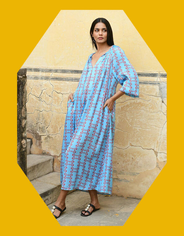 DEEBA Oozie Print Dress, Blue (BLUE), large