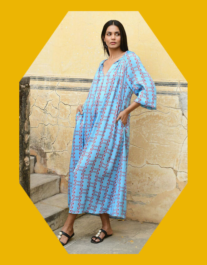 DEEBA Oozie Print Dress, Blue (BLUE), large