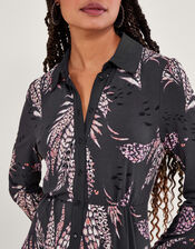 Feather Print Shirt Dress, Black (BLACK), large