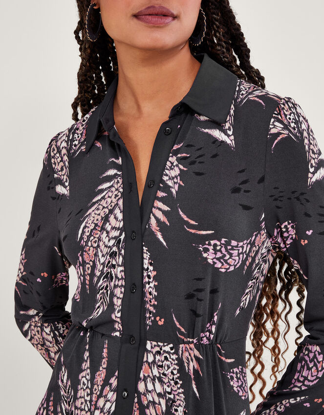 Feather Print Shirt Dress, Black (BLACK), large