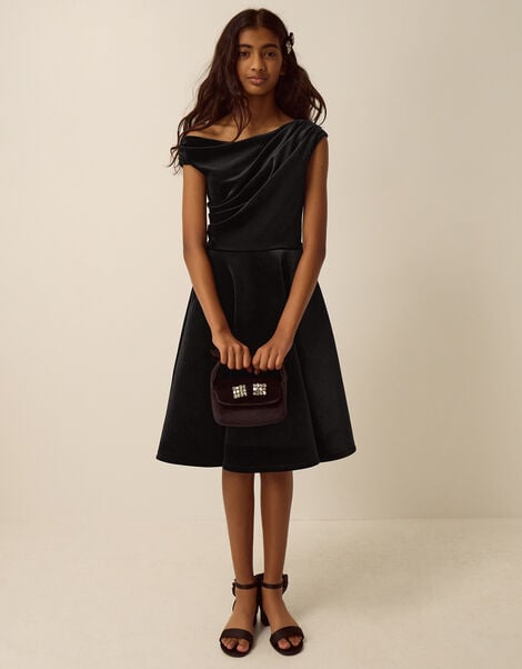 One-Shoulder Velvet Skater Dress, Black (BLACK), large