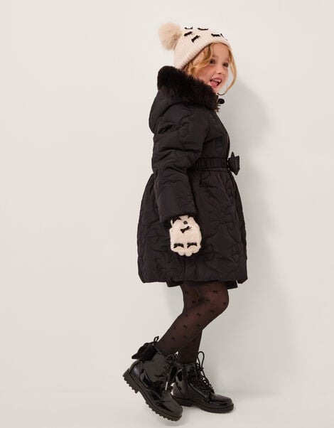 Faux Fur Hooded Bow Quilted Coat, Black (BLACK), large