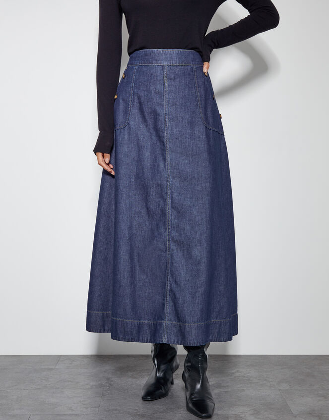 Harper A-Line Denim Midi Skirt, Blue (INDIGO), large