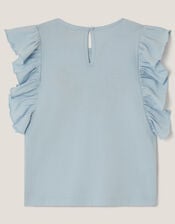 Floral Embroidered Frill T-Shirt, Blue (BLUE), large