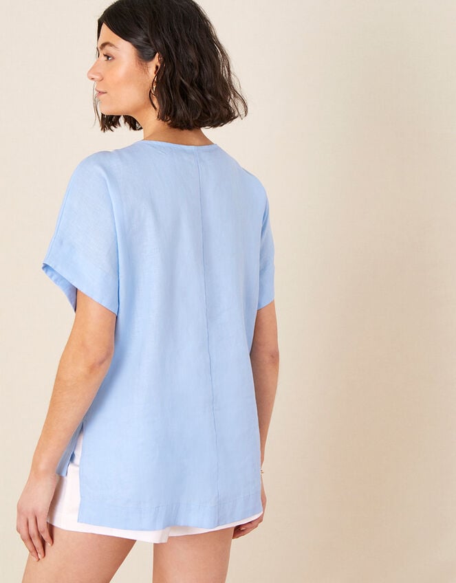 Tie Neck Top in Pure Linen, Blue (BLUE), large