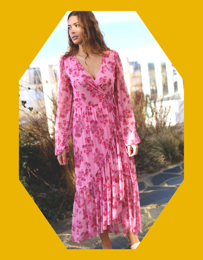 Crās Debbie Floral Mesh Wrap Dress, Pink (PINK), large