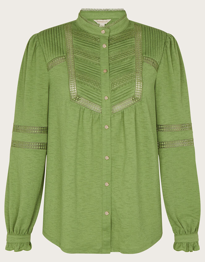 Lace Insert Button Through Jersey Shirt, Green (GREEN), large