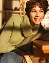 Cowl Neck Stitch Detail Longline Jumper, Green (GREEN), large