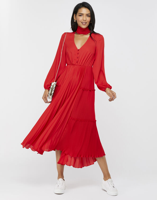 Kate Pleat Tiered Midi Dress, Red (RED), large