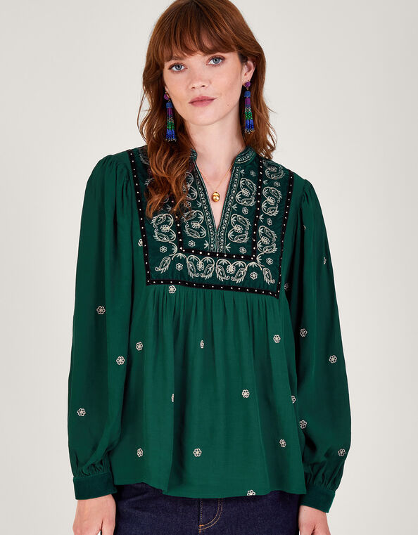 Posie Paisley Embroidered Blouse, Green (GREEN), large