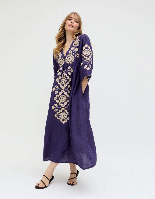Raffya Ariana Embroidered Linen Maxi Dress, Blue (NAVY), large
