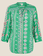 Floral Tie Neck Blouse, Green (GREEN), large