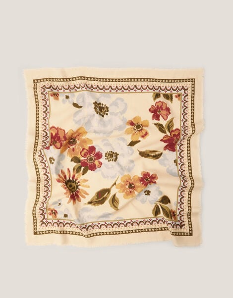 Olive Square Floral Print Scarf, , large