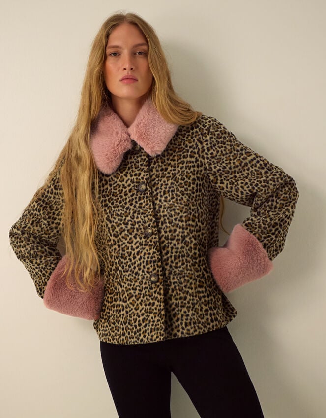 Monsoon x Queens of Archive Camilla Short Faux Fur Leopard Print Coat​, Brown (BROWN), large