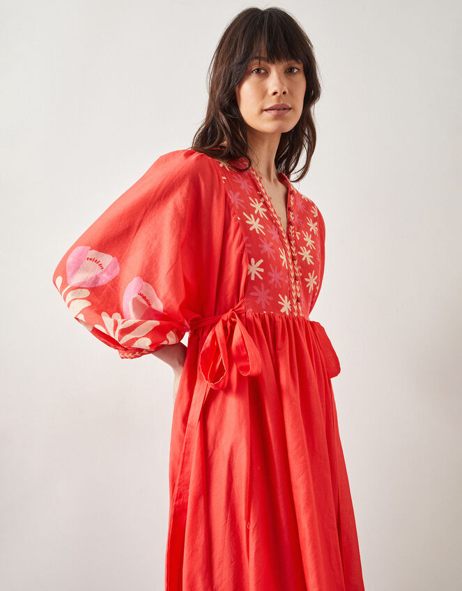 East Melba Print Long Sleeve Midi Dress, Orange (CORAL), large