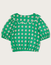 Floral Puff Sleeve Collared Blouse, Green (GREEN), large