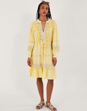 Embroidered Pom-Pom Kaftan Dress, Yellow (YELLOW), large