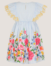 Floral Stripe Broderie Sleeve Dress, Blue (BLUE), large