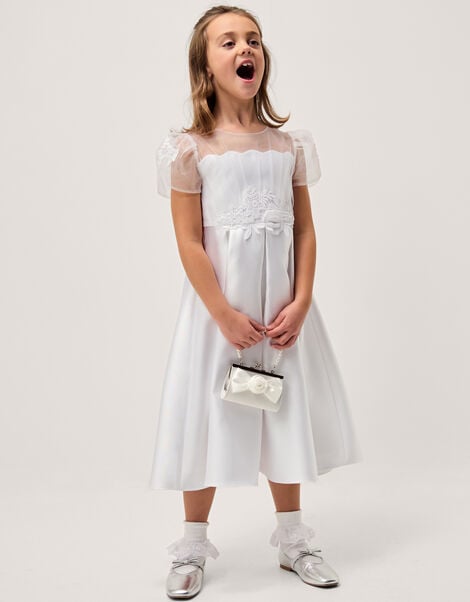 Chiffon Sleeve Floral Embroidered Dress, White (WHITE), large