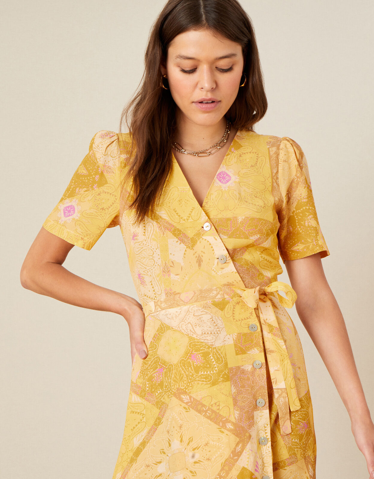 Goldie Scarf Print Wrap Dress Yellow