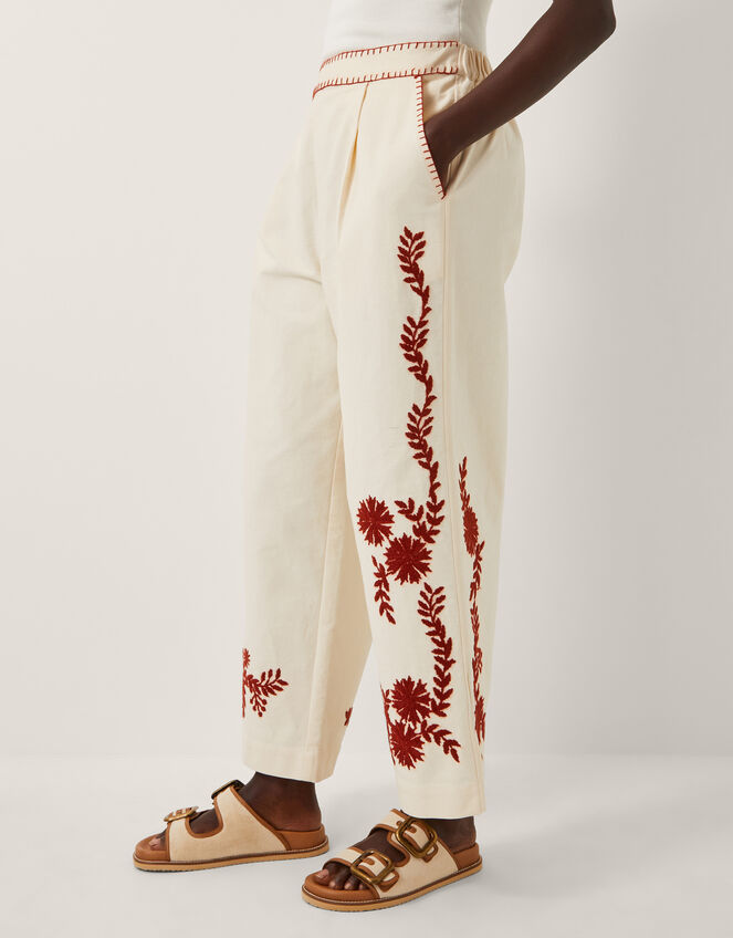 Emilia Floral Embroidered Pants, Ivory (IVORY), large