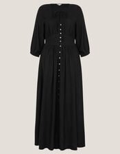 Polly Linen Blend Pintuck Pleat Midi Dress, Black (BLACK), large