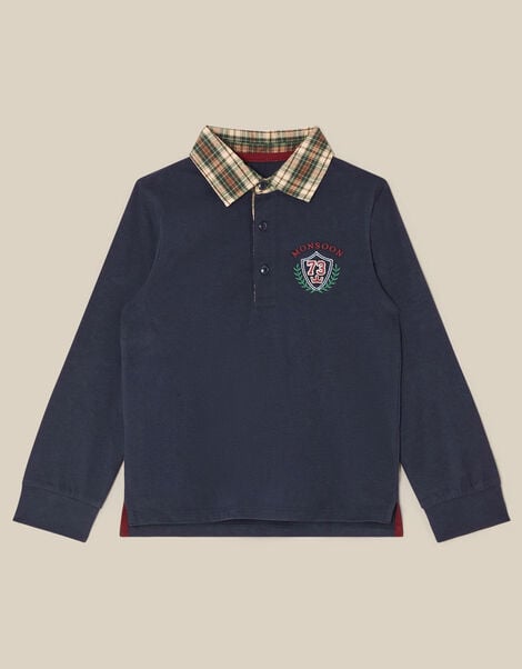 Check Collar Polo Top, Blue (NAVY), large