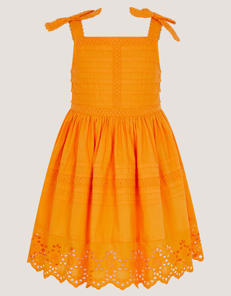 Broderie Pleated Cotton Dress, Orange (ORANGE), large