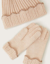 Faux Fur Pom-Pom Hat and Gloves Set, Camel (BEIGE), large