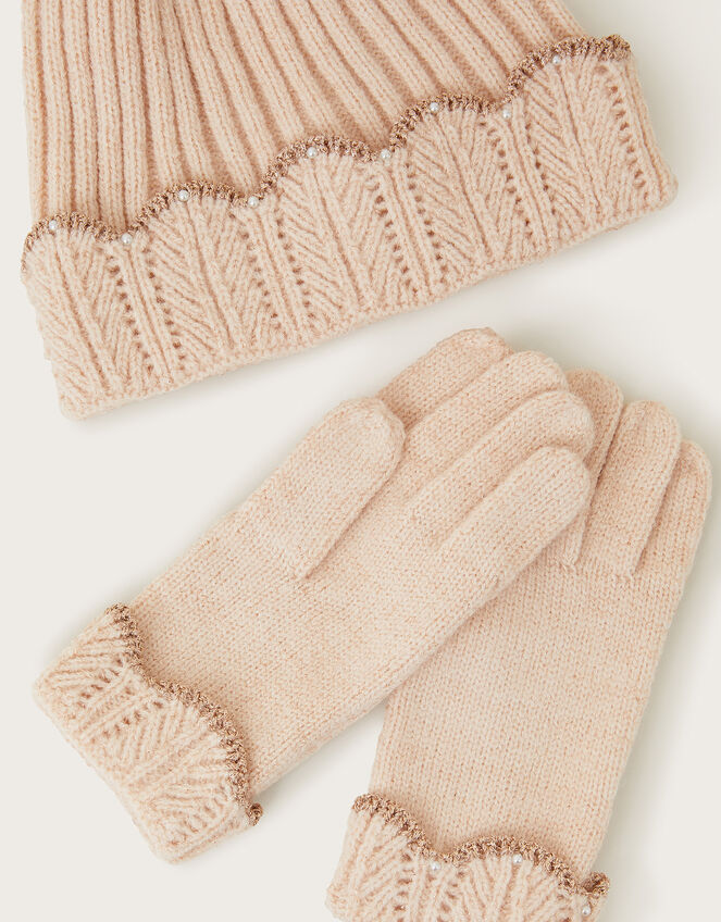 Faux Fur Pom-Pom Hat and Gloves Set, Camel (BEIGE), large