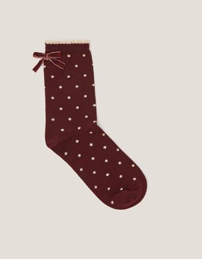 Glitter Spot Bow Socks, Red (BURGUNDY), large