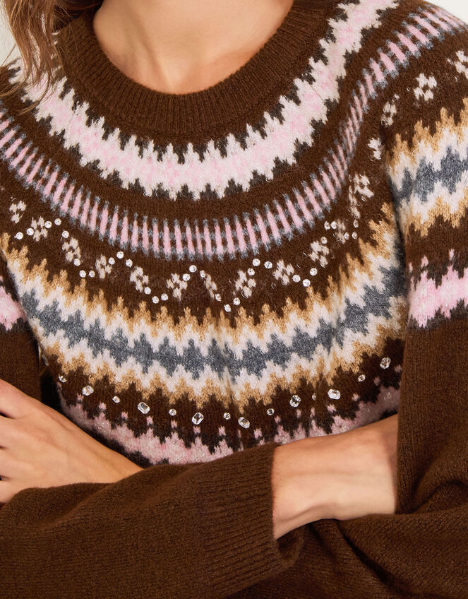 Fran Embellished Fair Isle Jumper, Brown (BROWN), large