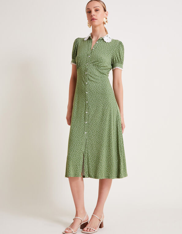 Clea Spot Jersey Midi Dress, Green (GREEN), large