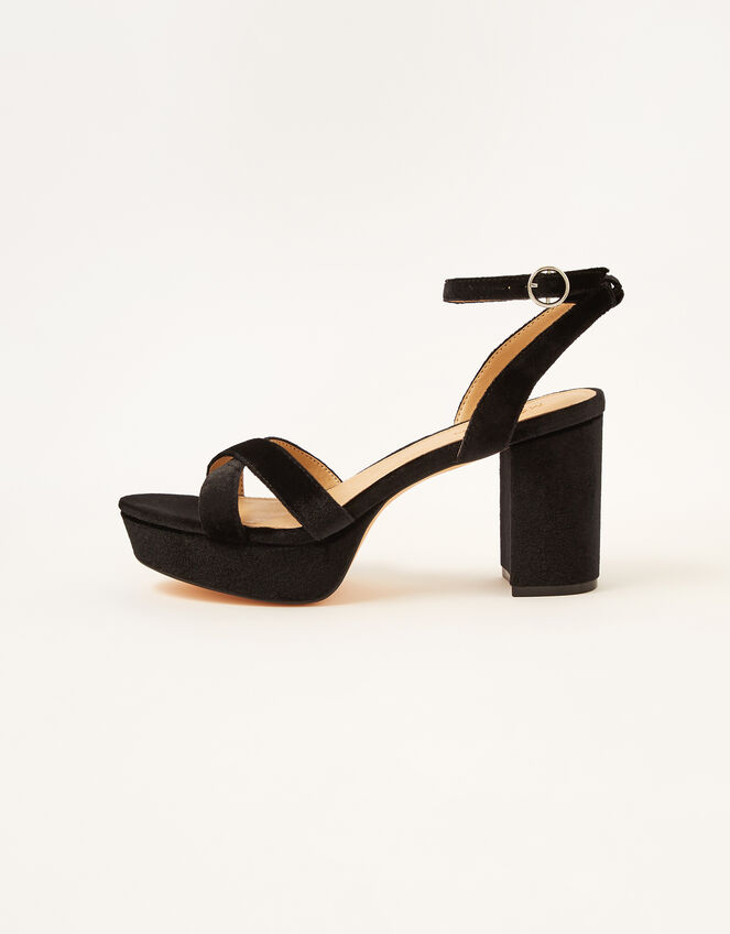Velvet Platform Heeled Sandals, Black (BLACK), large