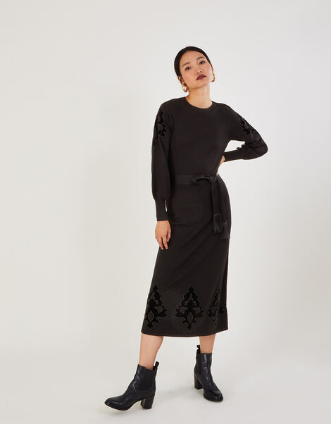 Velvet Applique Cut-Out Midi Dress Black, Black (BLACK), large