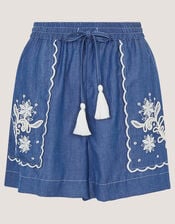 Isla Embroidered Denim Shorts, Blue (DENIM BLUE), large