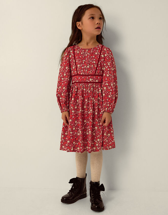 Long Sleeve Ditsy Floral Dress, Red (RED), large