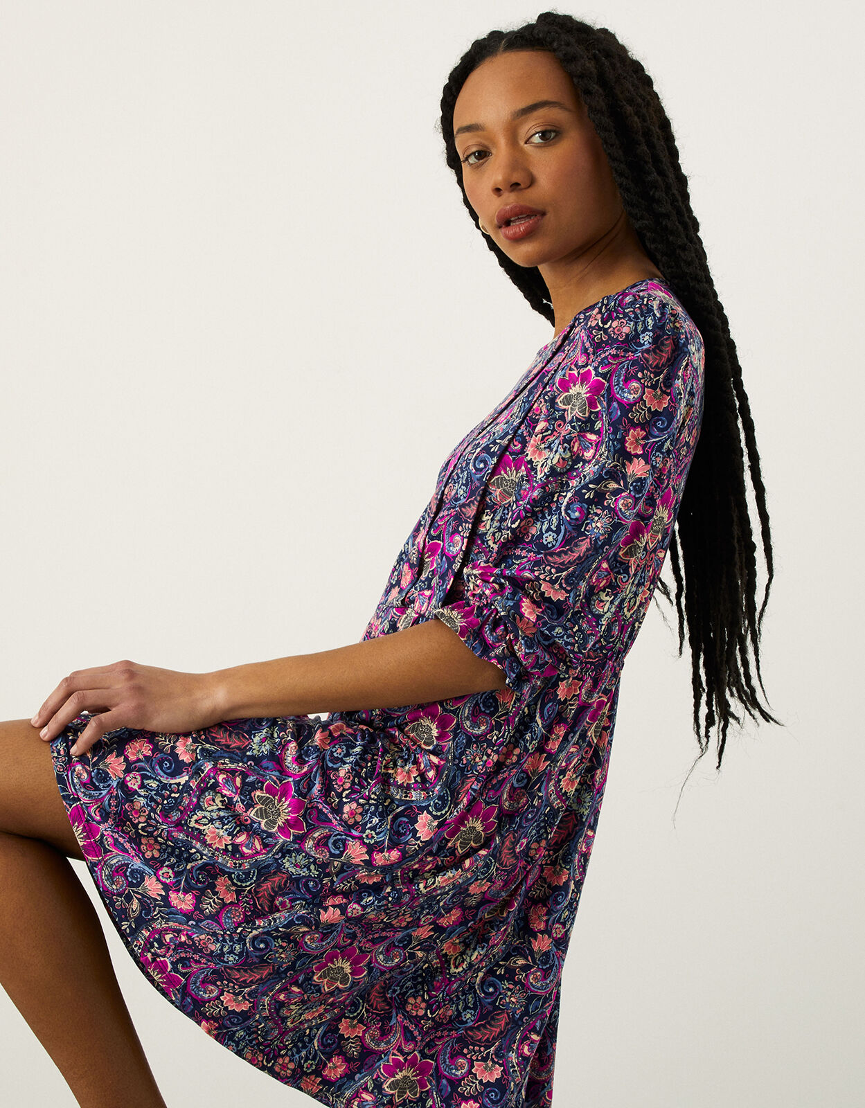 Pleated Print Jersey Dress Blue 