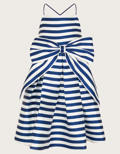 Stripe Bow Twill Party Dress, Blue (BLUE), large