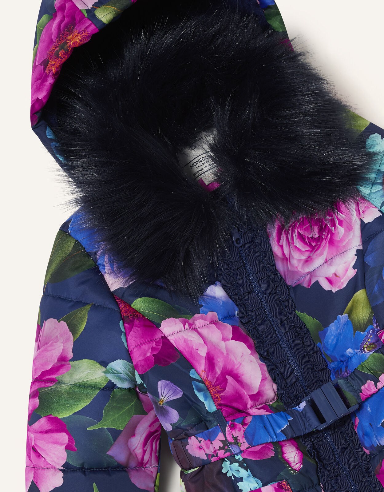 Rose Print Padded Coat Blue
