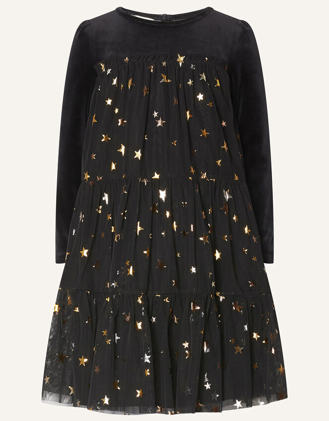 Long Sleeve Star Trapeze Tier Dress, Black (BLACK), large