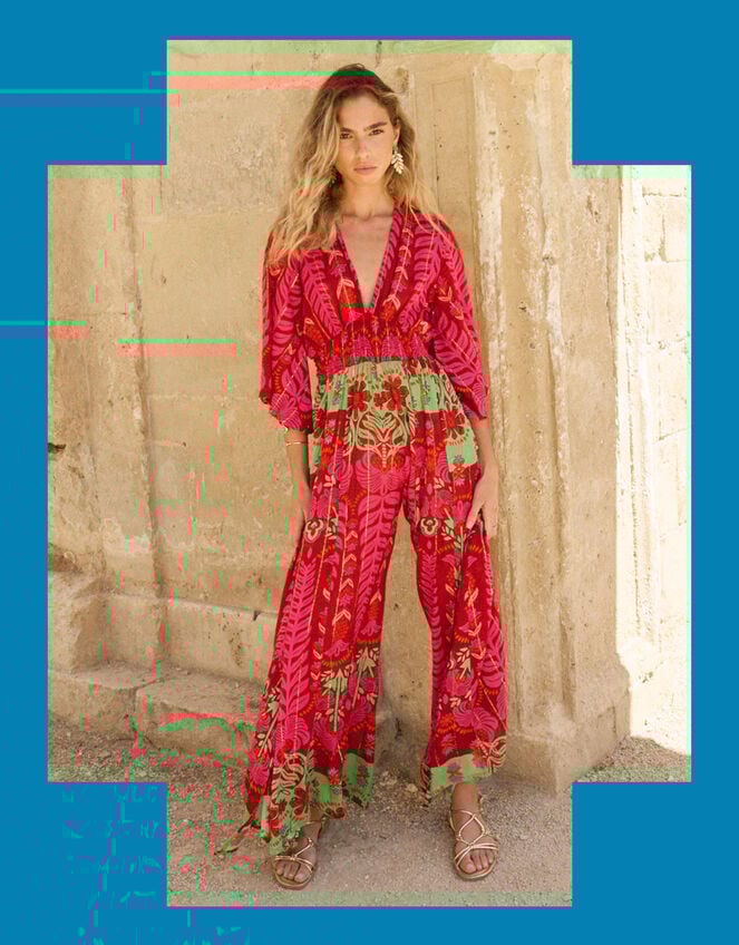 Piti Cuiti Boho Floral Wide Leg Jumpsuit, Pink (PINK), large