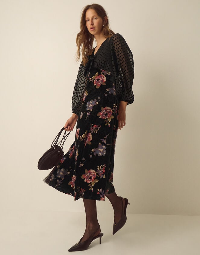 Abril V-Neck Floral Devor&eacute; Velvet Midi Dress , Black (BLACK), large