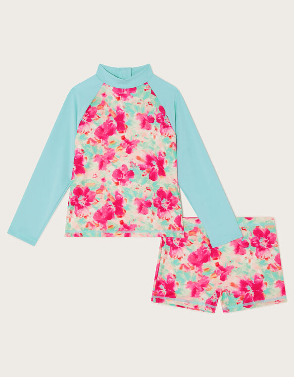 Tropical Floral Long Sleeve Swim Top and Shorts Set, Blue (TURQUOISE), large