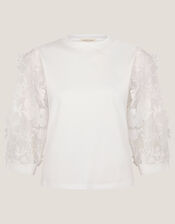 Fi Floral Sheer-Sleeve Top, Ivory (IVORY), large